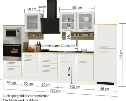 Held Möbel Küchenzeile mit Geräten Mailand 330 cm grau hochglanz zerlegt 600.1.6211