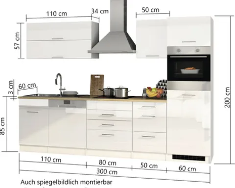 Held Möbel Küchenzeile mit Geräten Mailand 300 cm grau hochglanz zerlegt 610.1.6211