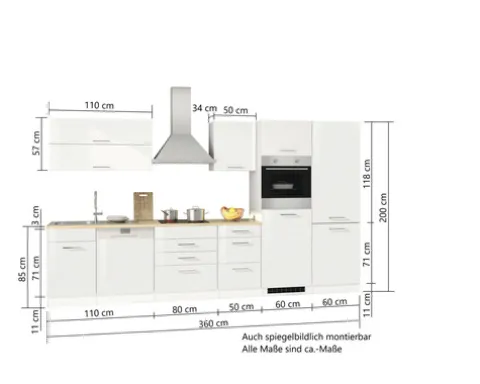Held Möbel Küchenzeile mit Geräten Mailand 360 cm grau hochglanz zerlegt Variante reversibel 631.1.6211