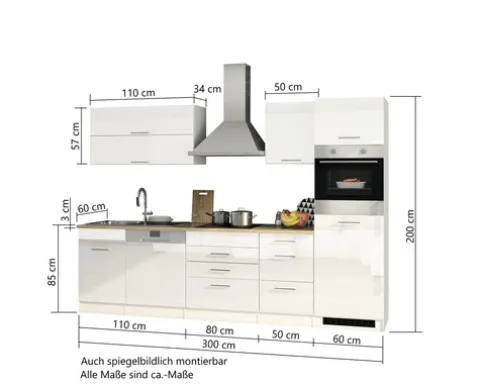 Held Möbel Küchenzeile mit Geräten Mailand 300 cm weiß hochglanz zerlegt 613.1.6210