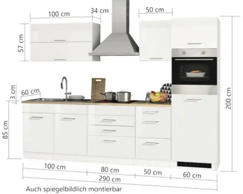 Held Möbel Küchenzeile mit Geräten Mailand 290 cm grau hochglanz zerlegt 604.1.6211