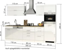 Held Möbel Küchenzeile ohne Geräte Mailand 300 cm weiß hochglanz zerlegt 612.1.6210