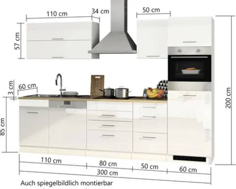 Held Möbel Küchenzeile ohne Geräte Mailand 300 cm weiß hochglanz zerlegt 612.1.6210