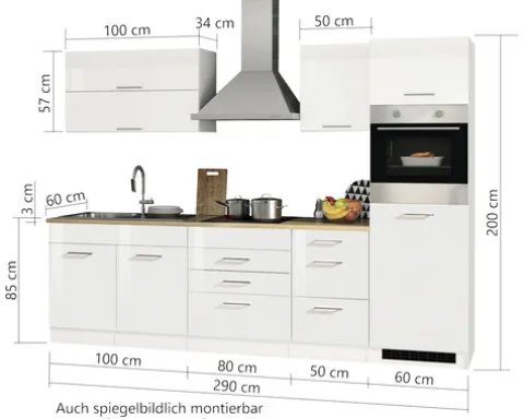 Held Möbel Küchenzeile ohne Geräte Mailand 290 cm weiß hochglanz zerlegt 603.1.6210