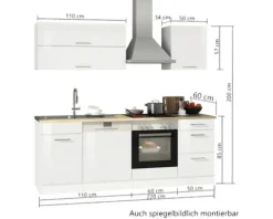 Held Möbel Küchenzeile ohne Geräte Mailand 220 cm weiß hochglanz zerlegt Variante reversibel 563.1.6210