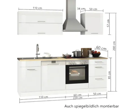 Held Möbel Küchenzeile ohne Geräte Mailand 220 cm weiß hochglanz zerlegt Variante reversibel 563.1.6210