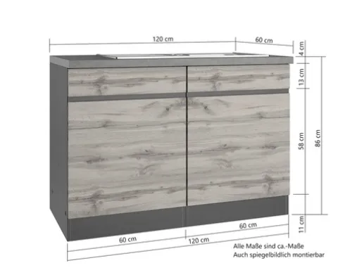 Held Möbel Spülenschrank inkl Spüle PISA BxTxH 120 x 60 x 86 cm wildeiche matt zerlegt Anschlag reversibel 665.6310