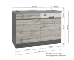 Held Möbel Spülenschrank inkl Spüle PISA BxTxH 120 x 60 x 86 cm wildeiche matt zerlegt Anschlag reversibel 667.6310