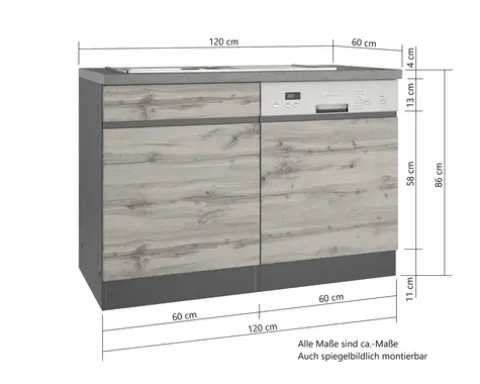 Held Möbel Spülenschrank inkl Spüle PISA BxTxH 120 x 60 x 86 cm grau matt zerlegt Anschlag reversibel 667.6311