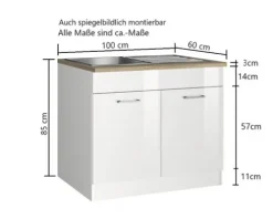 Held Möbel Spülenschrank Mailand BxTxH 100 x 60 x 85 cm weiß hochglanz zerlegt 476.6210