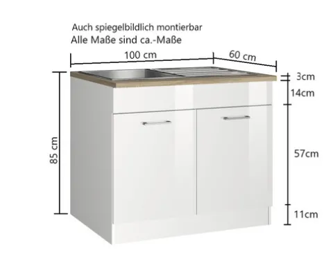 Held Möbel Spülenschrank Mailand BxTxH 100 x 60 x 85 cm weiß hochglanz zerlegt 476.6210