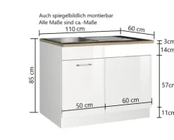 Held Möbel Spülzentrum Mailand BxTxH 110 x 60 x 85 cm weiß hochglanz zerlegt Anschlag reversibel 478.6210