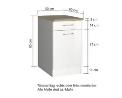 Held Möbel Unterschrank mit Schublade und Drehtür Mailand BxTxH 50 x 60 x 85 cm weiß hochglanz zerlegt Anschlag reversibel 410.6210