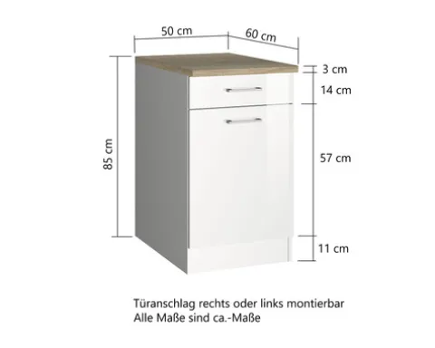 Held Möbel Unterschrank mit Schublade und Drehtür Mailand BxTxH 50 x 60 x 85 cm weiß hochglanz zerlegt Anschlag reversibel 410.6210