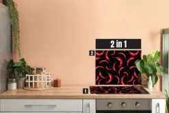 Herdblende-/Abdeckplatte Abdeckplatte Herd - Acrylglas Chillis Rot Schwarz | Spritzschutz | Camping | COV00056 | 60cm x 52cm x 0.4cm