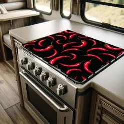 Herdblende-/Abdeckplatte Abdeckplatte Herd - Acrylglas Chillis Rot Schwarz | Spritzschutz | Camping | COV00056 | 60cm x 52cm x 0.4cm