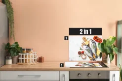 Herdblende-/Abdeckplatte Abdeckplatte Herd - Acrylglas Fisch Tomaten Gewürze | Spritzschutz | Camping | COV00064 | 60cm x 52cm x 0.4cm