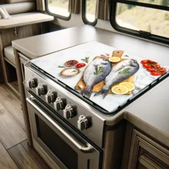 Herdblende-/Abdeckplatte Abdeckplatte Herd - Acrylglas Fisch Tomaten Gewürze | Spritzschutz | Camping | COV00064 | 60cm x 52cm x 0.4cm