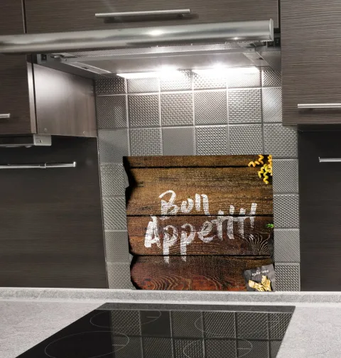 Herdblende-/Abdeckplatte Abdeckplatte Herd - Acrylglas Bon Appettit | Holzoptik | Spritzschutz | Camping | COV00058 | 60cm x 52cm x 0.4cm