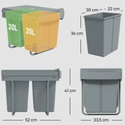 HOMCOM Abfallsammler 20 L+20 L Ausziehbar Einbaumülleimer Unterschrank Abfalleimer Mülleimer für Schränke mit 2 herausnehmbaren Fächern, mattiertem Deckel und Griff, Grau