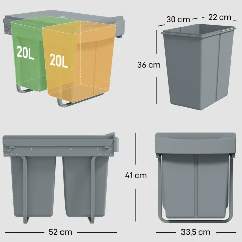 HOMCOM Abfallsammler 20 L+20 L Ausziehbar Einbaumülleimer Unterschrank Abfalleimer Mülleimer für Schränke mit 2 herausnehmbaren Fächern, mattiertem Deckel und Griff, Grau