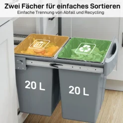 HOMCOM Abfallsammler 20 L+20 L Ausziehbar Einbaumülleimer Unterschrank Abfalleimer Mülleimer für Schränke mit 2 herausnehmbaren Fächern, mattiertem Deckel und Griff, Grau