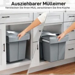 HOMCOM Abfallsammler 20 L+20 L Ausziehbar Einbaumülleimer Unterschrank Abfalleimer Mülleimer für Schränke mit 2 herausnehmbaren Fächern, mattiertem Deckel und Griff, Grau