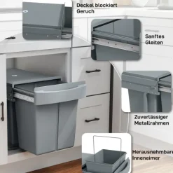 HOMCOM Abfallsammler 20 L+20 L Ausziehbar Einbaumülleimer Unterschrank Abfalleimer Mülleimer für Schränke mit 2 herausnehmbaren Fächern, mattiertem Deckel und Griff, Grau