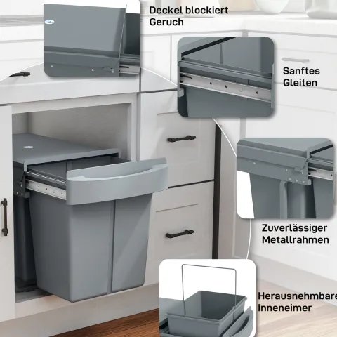 HOMCOM Abfallsammler 20 L+20 L Ausziehbar Einbaumülleimer Unterschrank Abfalleimer Mülleimer für Schränke mit 2 herausnehmbaren Fächern, mattiertem Deckel und Griff, Grau