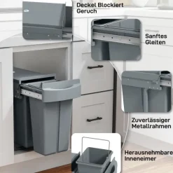 HOMCOM Abfallsammler 20L+10L Ausziehbar Einbaumülleimer Unterschrank Abfalleimer Mülleimer für Schränke mit 2 herausnehmbaren Fächern, mattiertem Deckel und Griff, Grau