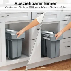 HOMCOM Abfallsammler 20L+10L Ausziehbar Einbaumülleimer Unterschrank Abfalleimer Mülleimer für Schränke mit 2 herausnehmbaren Fächern, mattiertem Deckel und Griff, Grau