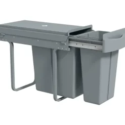 HOMCOM Abfallsammler 20L+10L Ausziehbar Einbaumülleimer Unterschrank Abfalleimer Mülleimer für Schränke mit 2 herausnehmbaren Fächern, mattiertem Deckel und Griff, Grau