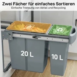 HOMCOM Abfallsammler 20L+10L Ausziehbar Einbaumülleimer Unterschrank Abfalleimer Mülleimer für Schränke mit 2 herausnehmbaren Fächern, mattiertem Deckel und Griff, Grau