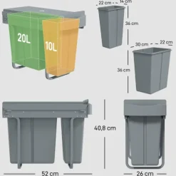 HOMCOM Abfallsammler 20L+10L Ausziehbar Einbaumülleimer Unterschrank Abfalleimer Mülleimer für Schränke mit 2 herausnehmbaren Fächern, mattiertem Deckel und Griff, Grau