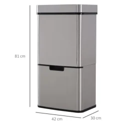 HOMCOM, Automatik Mülleimer, Abfalleimer, L42 x B30 x H81 cm, Edelstahl, ABS, Silber