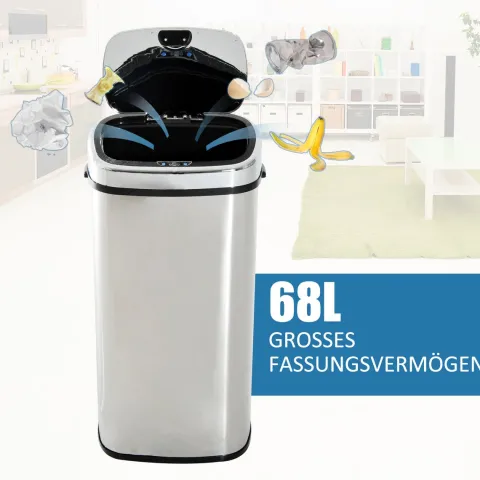HOMCOM, Automatik Mülleimer, Abfalleimer, 68L, Edelstahl, Kunststoff, Silber