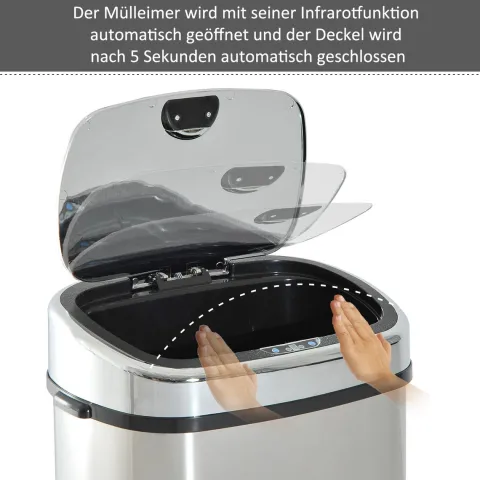 HOMCOM, Automatik Mülleimer, Abfalleimer, 68L, Edelstahl, Kunststoff, Silber
