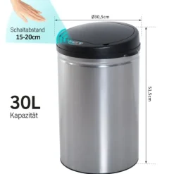 HOMCOM, Automatik Mülleimer, Abfalleimer, Ø30,5 x H51,5 cm, ABS, Edelstahl, PP, Schwarz+Silber