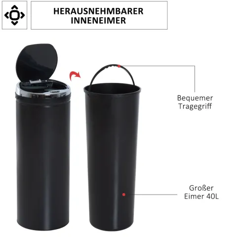 HOMCOM, Automatik Mülleimer, Abfalleimer, 30,5L x 30,5B x 81,5Hcm, Rostfreier Stahl, Schwarz