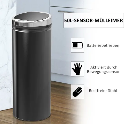 HOMCOM, Automatik Mülleimer, Abfalleimer, 30,5L x 30,5B x 81,5Hcm, Rostfreier Stahl, Schwarz