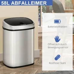 HOMCOM, Automatik Mülleimer, Abfalleimer, L40,9 x B28,9 x H68 cm, Edelstahl, ABS, Silber