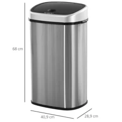 HOMCOM, Automatik Mülleimer, Abfalleimer, L40,9 x B28,9 x H68 cm, Edelstahl, ABS, Silber