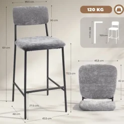 HOMCOM Barhocker 2er Set Barstuhl, Tresenhocker mit Fußstütze, Rückenlehne Gepolstert Bistrohocker mit Stahlgestell, Chenille-Optik 72,5 cm Sitzhöhe für Küche, Hausbar Grau