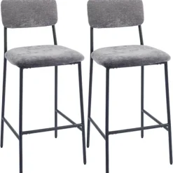 HOMCOM Barhocker 2er Set Barstuhl, Tresenhocker mit Fußstütze, Rückenlehne Gepolstert Bistrohocker mit Stahlgestell, Chenille-Optik 72,5 cm Sitzhöhe für Küche, Hausbar Grau