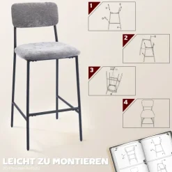 HOMCOM Barhocker 2er Set Barstuhl, Tresenhocker mit Fußstütze, Rückenlehne Gepolstert Bistrohocker mit Stahlgestell, Chenille-Optik 72,5 cm Sitzhöhe für Küche, Hausbar Grau