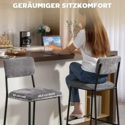 HOMCOM Barhocker 2er Set Barstuhl, Tresenhocker mit Fußstütze, Rückenlehne Gepolstert Bistrohocker mit Stahlgestell, Chenille-Optik 72,5 cm Sitzhöhe für Küche, Hausbar Grau