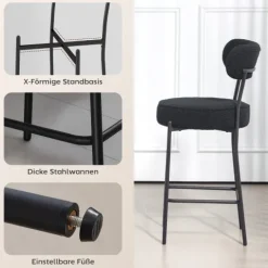 HOMCOM Barhocker 2er Set Barstühle, Küchenstühle mit Fußstütze, Lehne, Fleece-Optik, 68 cm Sitzhöhe Gepolstert Tresenhocker mit Stahlgestell für Küche, Esszimmer, Wohnzimmer Schwarz