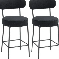 HOMCOM Barhocker 2er Set Barstühle, Küchenstühle mit Fußstütze, Lehne, Fleece-Optik, 68 cm Sitzhöhe Gepolstert Tresenhocker mit Stahlgestell für Küche, Esszimmer, Wohnzimmer Schwarz