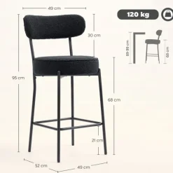 HOMCOM Barhocker 2er Set Barstühle, Küchenstühle mit Fußstütze, Lehne, Fleece-Optik, 68 cm Sitzhöhe Gepolstert Tresenhocker mit Stahlgestell für Küche, Esszimmer, Wohnzimmer Schwarz