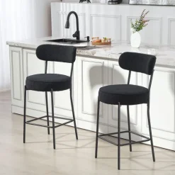HOMCOM Barhocker 2er Set Barstühle, Küchenstühle mit Fußstütze, Lehne, Fleece-Optik, 68 cm Sitzhöhe Gepolstert Tresenhocker mit Stahlgestell für Küche, Esszimmer, Wohnzimmer Schwarz